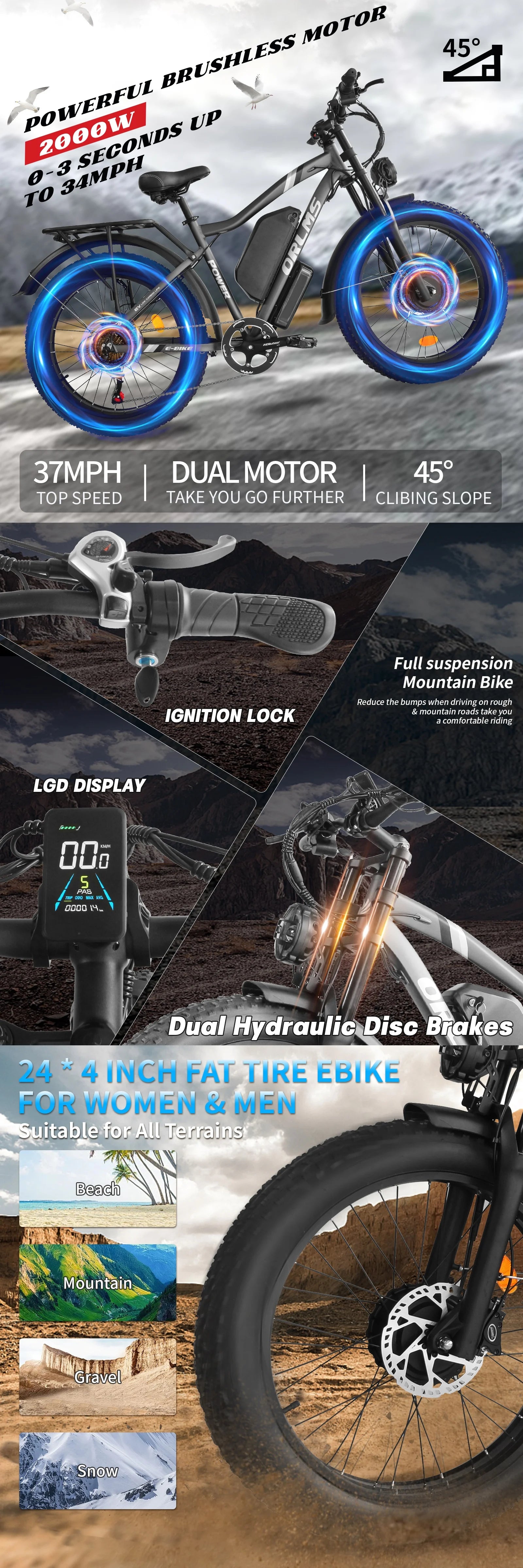 US MX500 Dual 2000W Fat Tire Mountain E-Bike